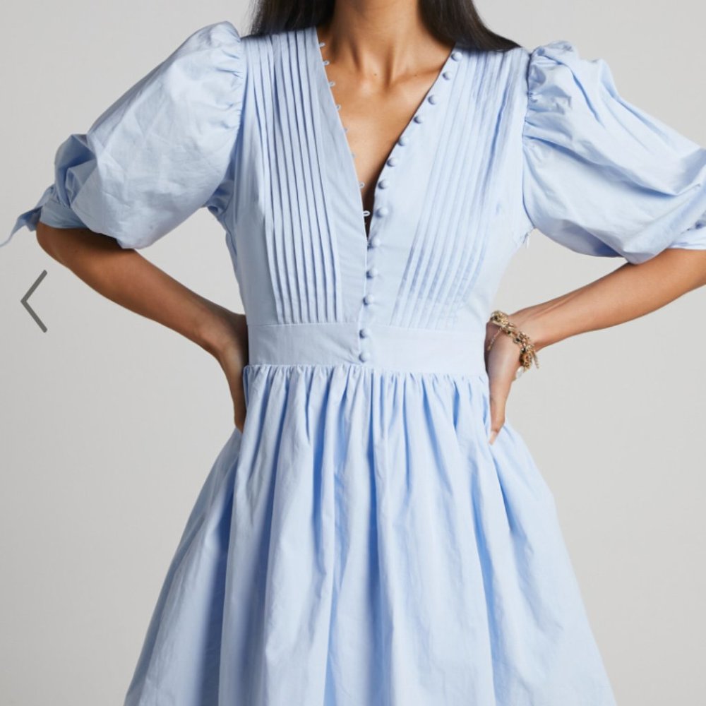 Showpo Zandra Mini Dress - Puff Sleeve Poplin Dress in Icy Blue